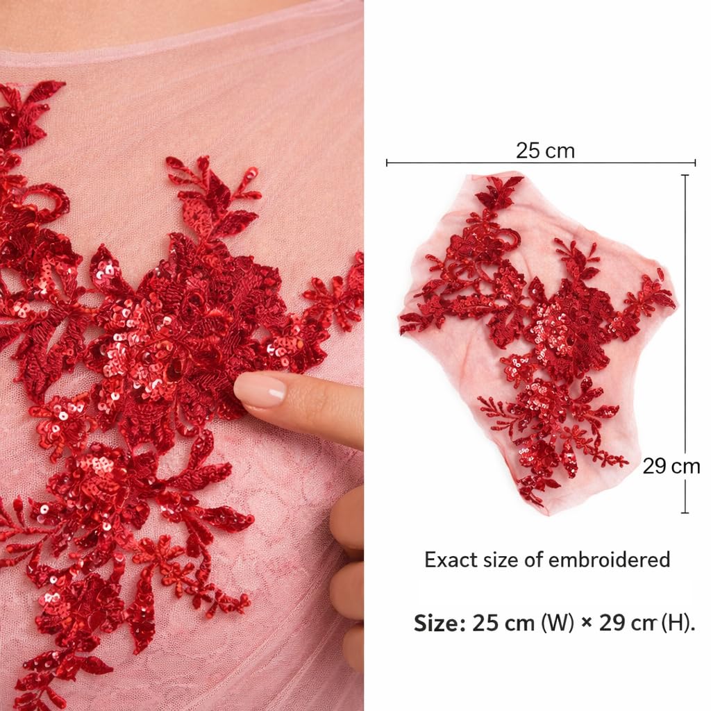 S.A.V.I Red Sequin Embroidered Applique Patch 25x29 cm | Floral Asymmetrical Net Fabric Sew-On Motif for Blouse, Kurti, Gown, Saree | DIY Craft Decoration (Red)
