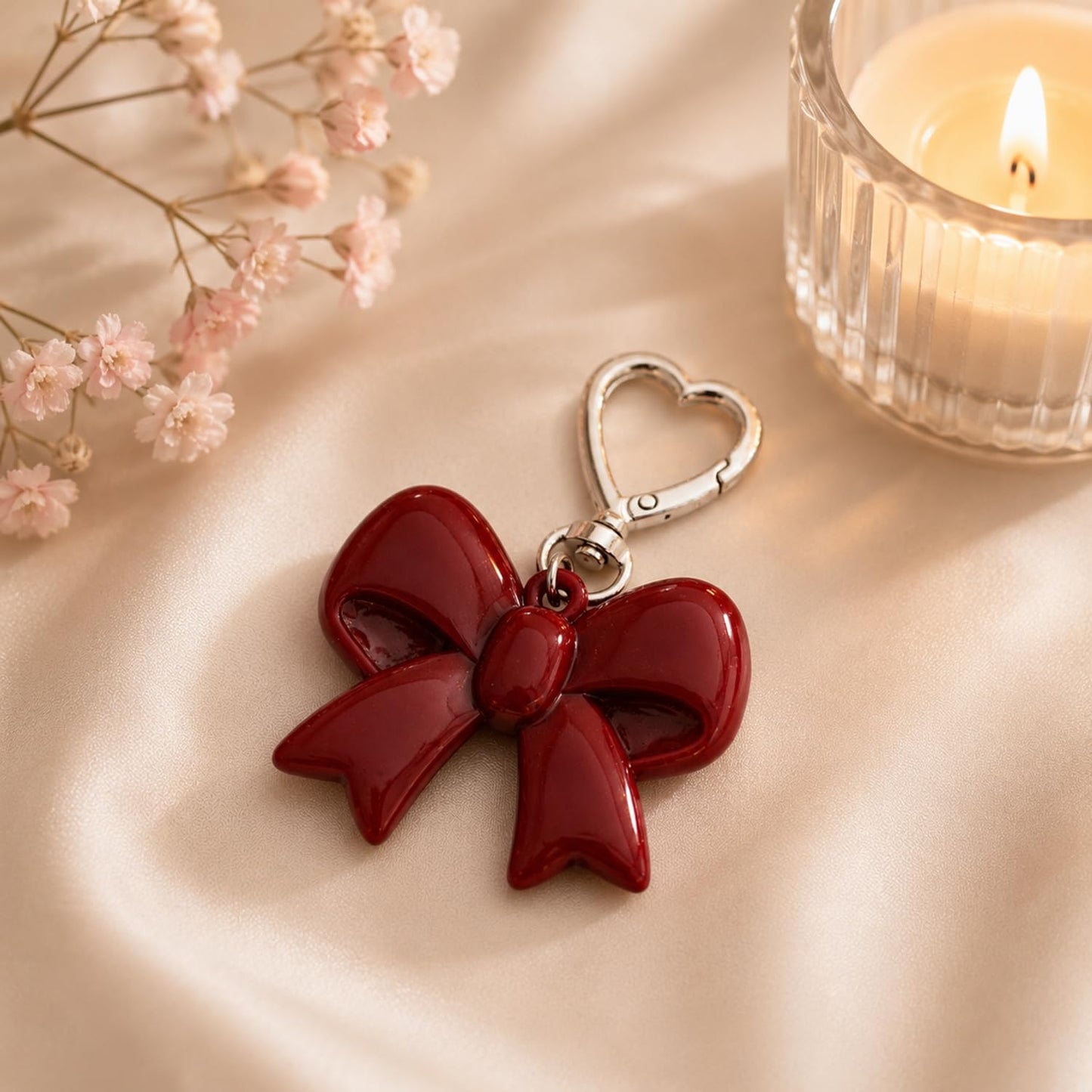 S.A.V.I Resin Bow Keychain for Women & Girls, Cute Bag Charm, Wine Red, Glossy accessory with heart clasp for handbags, backpacks, keys & gifting; lightweight 8 x 5 cm decorative pendant