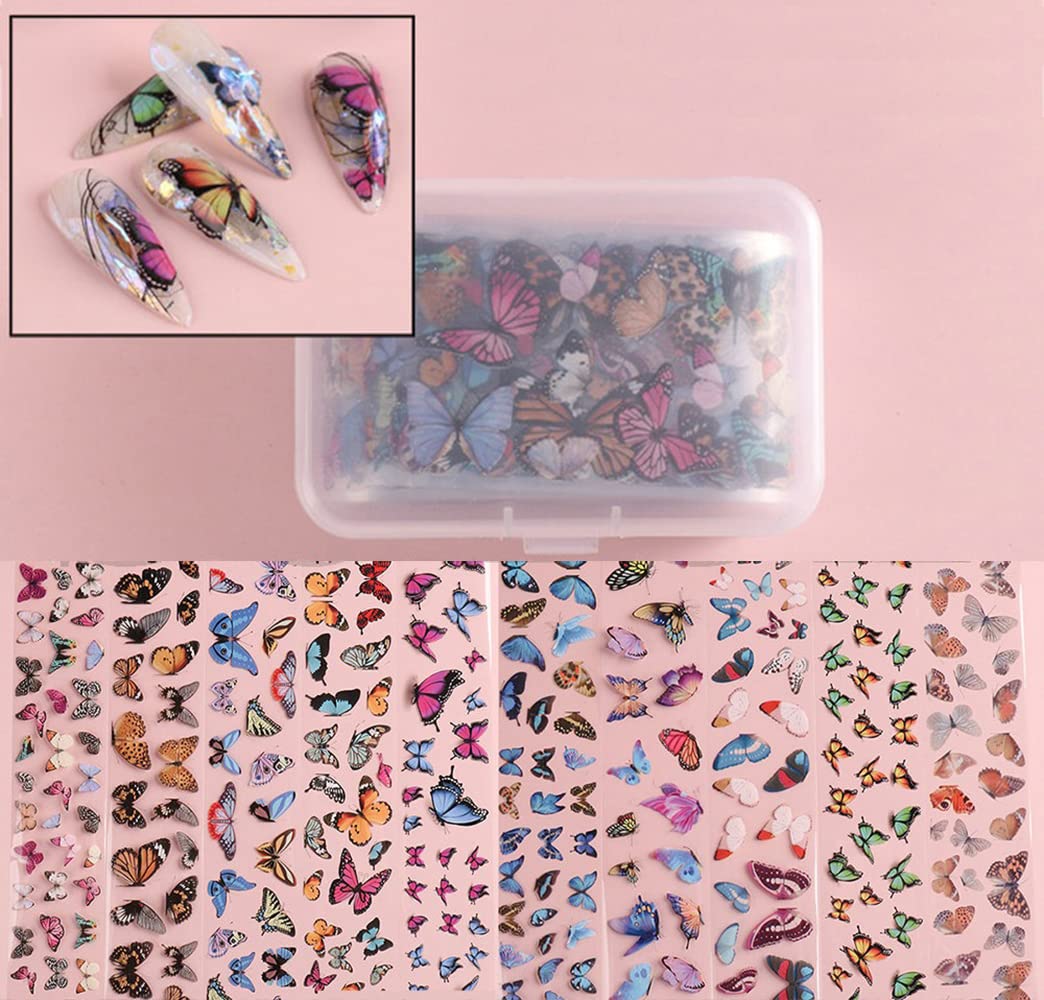 S.A.V.I 10 Designs Box, Butterfly Nail Foil, Transfer Sticker, DIY Nail Art, 50x4 CM Per Strip