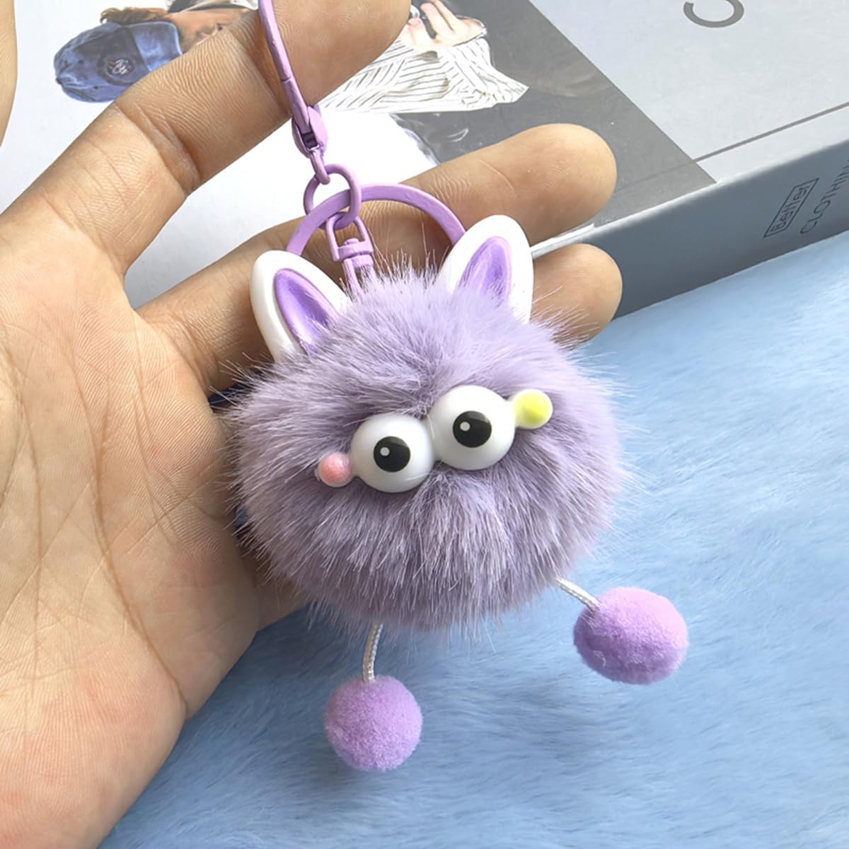 S.A.V.I Pom Pom Plush Keychain for Women Girls Faux Fur Purple, Kawaii Bunny Design, 14 cm, Lightweight Faux Fur Accessory for Handbags, Backpack, Purse & Keys, Gift Choice