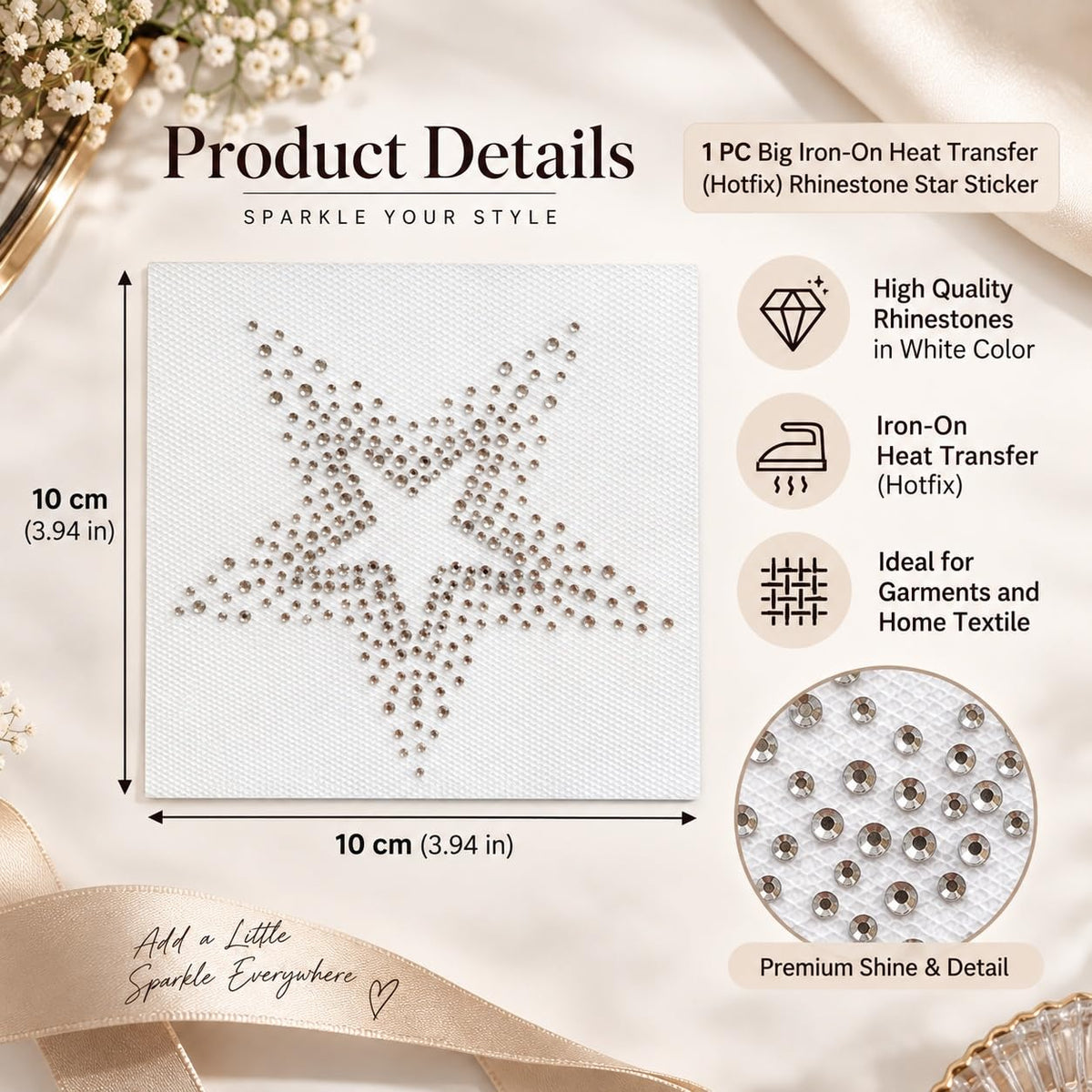 S.A.V.I Rhinestone Iron-On Star Sticker White Crystal 10x10 cm