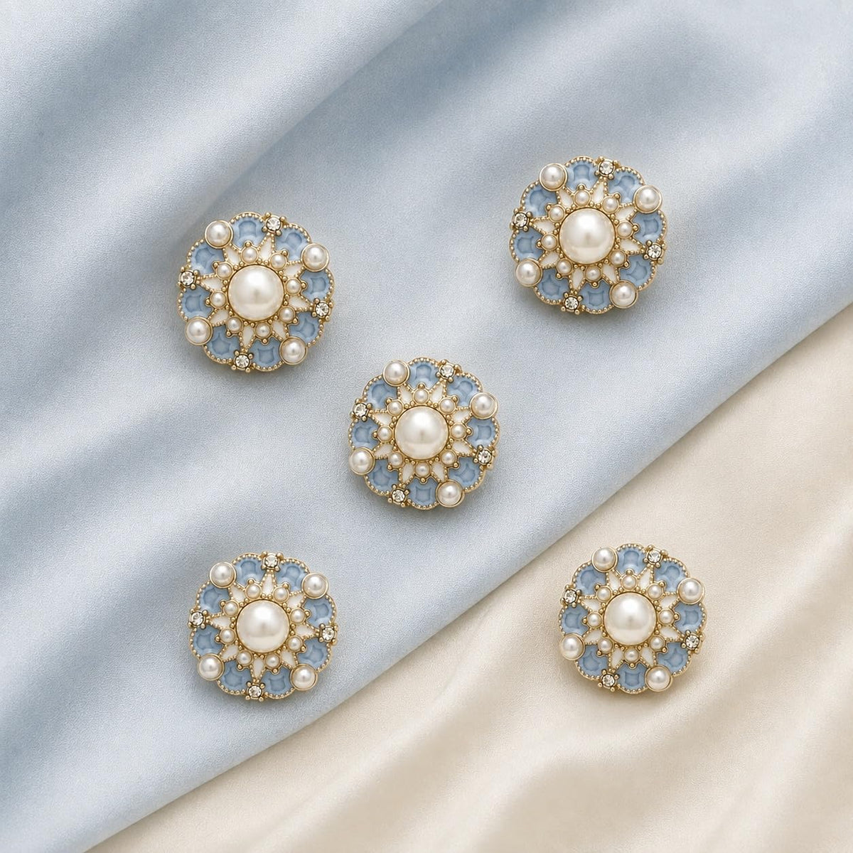 S.A.V.I Pearl Rhinestone Shank Buttons Gold Tone Blue Enamel 17.5mm | Set of 5, Floral Design, For Kurtis & Blouses, DIY Crafts, Sewing Fasteners