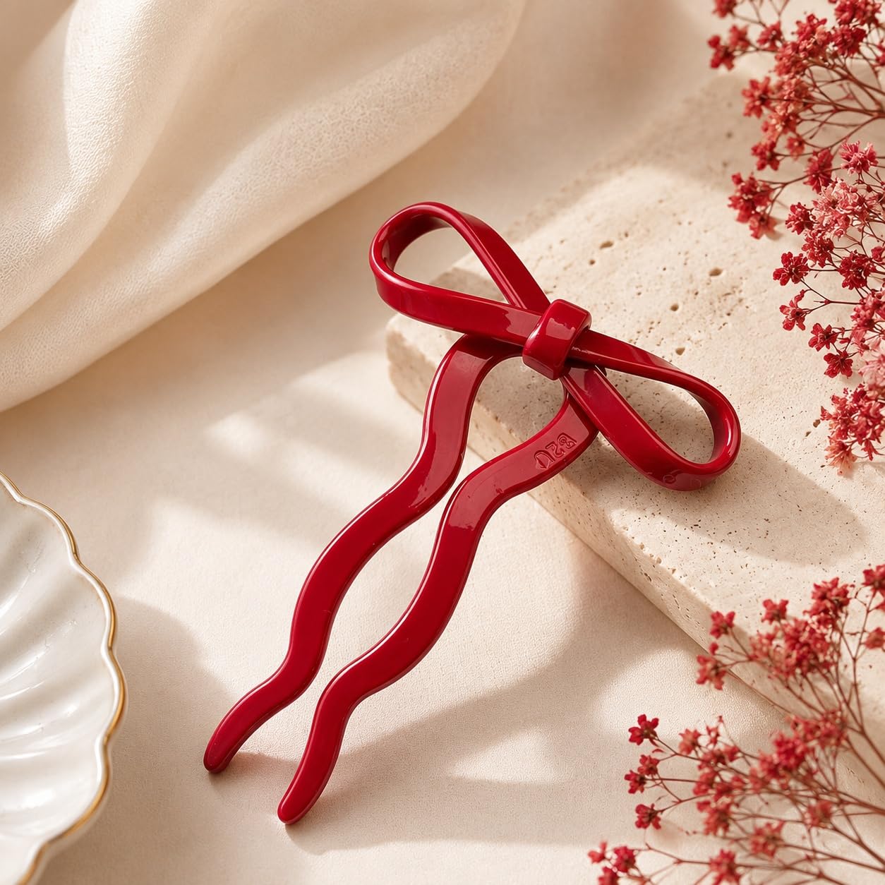 S.A.V.I French Hair Pin Bow Bun Stick for Women 11cm Red | Resin Material, Lightweight, Secure Hold, Half & Full Updos, For Girls & Women