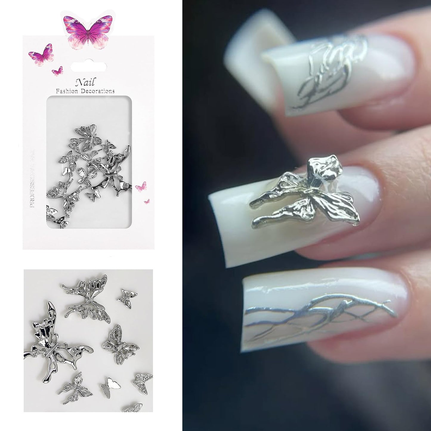 S.A.V.I 3D Silver Butterfly Nail Art Charms (10 Pcs) – Metallic Alloy Big & Small Butterfly Designs for DIY Acrylic & Gel Nails, Reusable Nail Jewelry Decoration Set