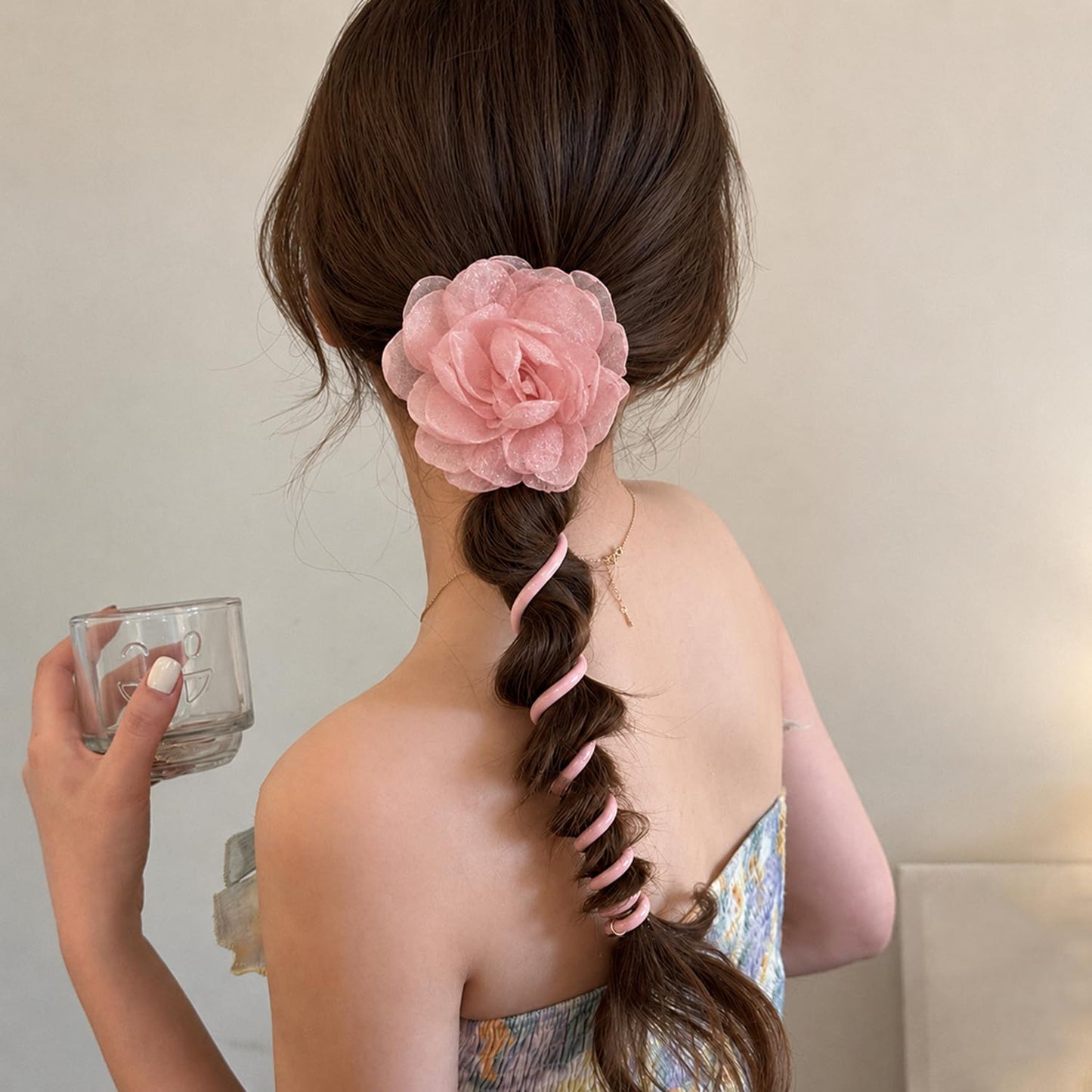 S.A.V.I Big Flower Telephonic Hair Tie for Women, Pink, Soft Fabric Bloom Accessory, 11 cm Oversized Design for Casual, Party, Gifting & Comfortable All-Day Hold