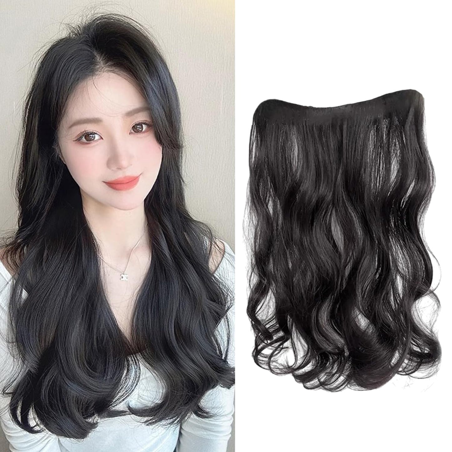 S.A.V.I Natural Black Wavy Clip-In Hair Extension 60 cm | Synthetic Fiber One-Piece Hair Patch for Women | Volumizing Crown Topper with Secure Grip Clips | Reusable Hair Enhancer for Instant Length & Volume