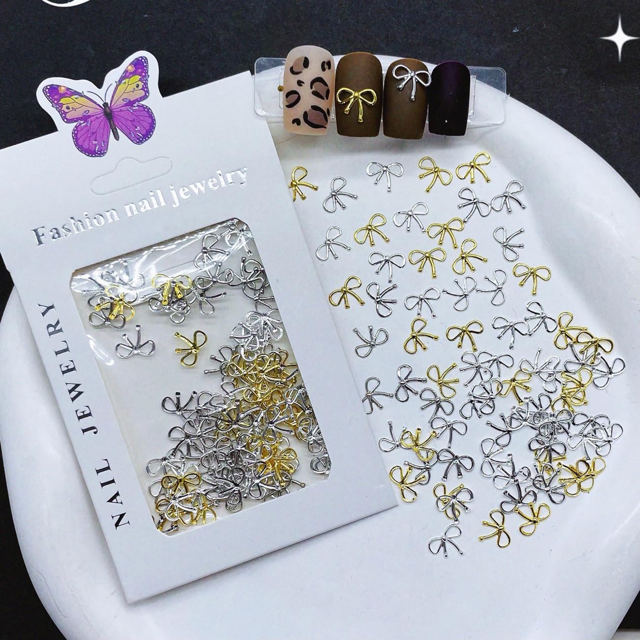 S.A.V.I 3D Metal Bow Knot Nail Charms (80 Pcs) | Gold & Silver Mini Bow Design 8×10 mm | Premium Alloy Nail Art Accessories for Acrylic, Gel & DIY Nail Decoration