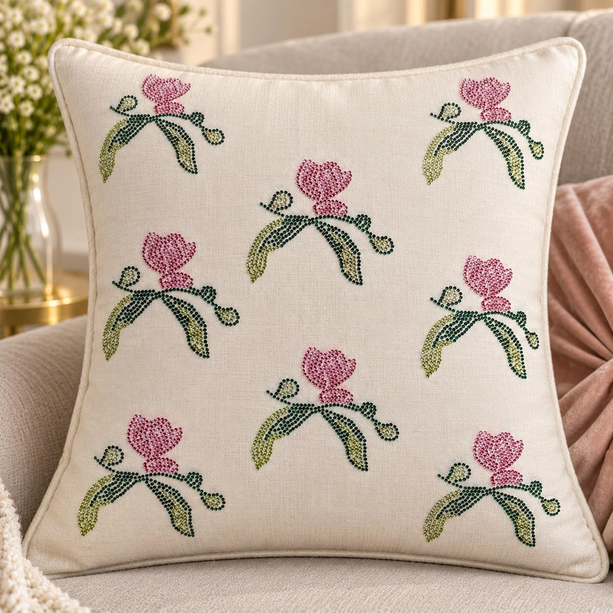 S.A.V.I Rhinestone Iron on Patch Pink & Green Rose Design 9x8 cm