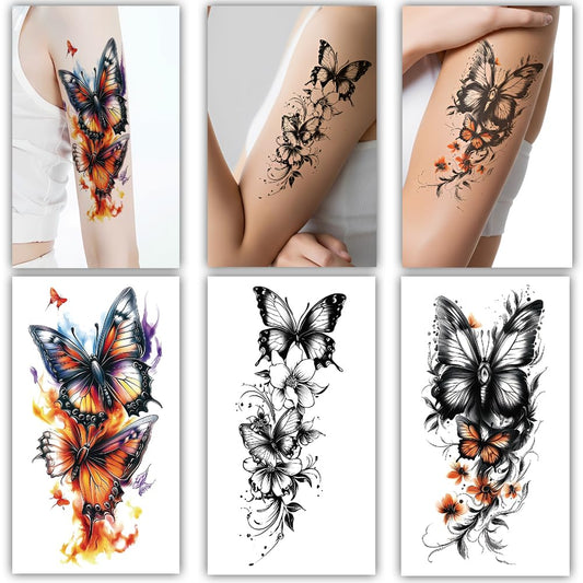 S.A.V.I 3 Sheets Large Butterfly Temporary Tattoos for Women – 21x11cm Non-Toxic Body Art Stickers | Black & Colorful Floral Butterfly Tattoo Designs for Arm, Shoulder, Back Decoration (Butterflies-2)
