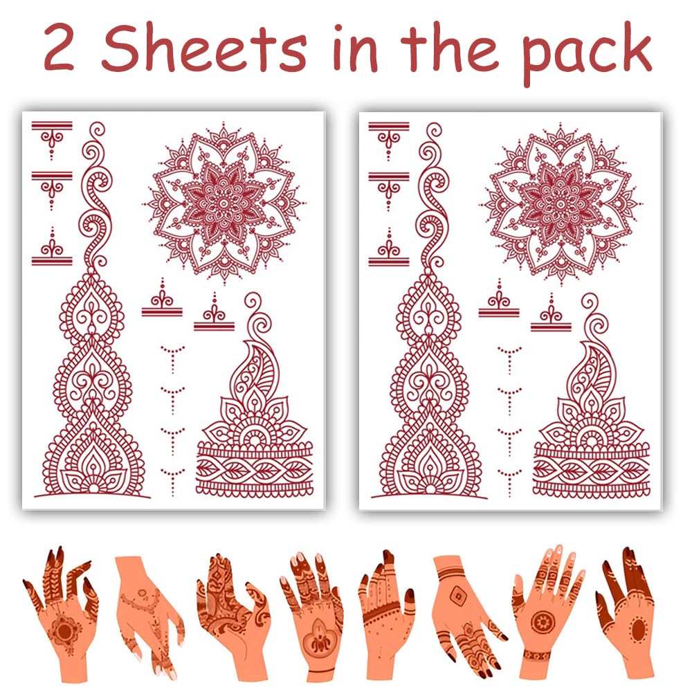 S.A.V.I 2 Sheets - Temporary Mehndi Tattoo Stickers for Hands (16x12 cm) | Red Henna Style | Waterproof, Non-Toxic | Mandala & Floral Design for Women & Girls | Festival & Bridal Use (#41)