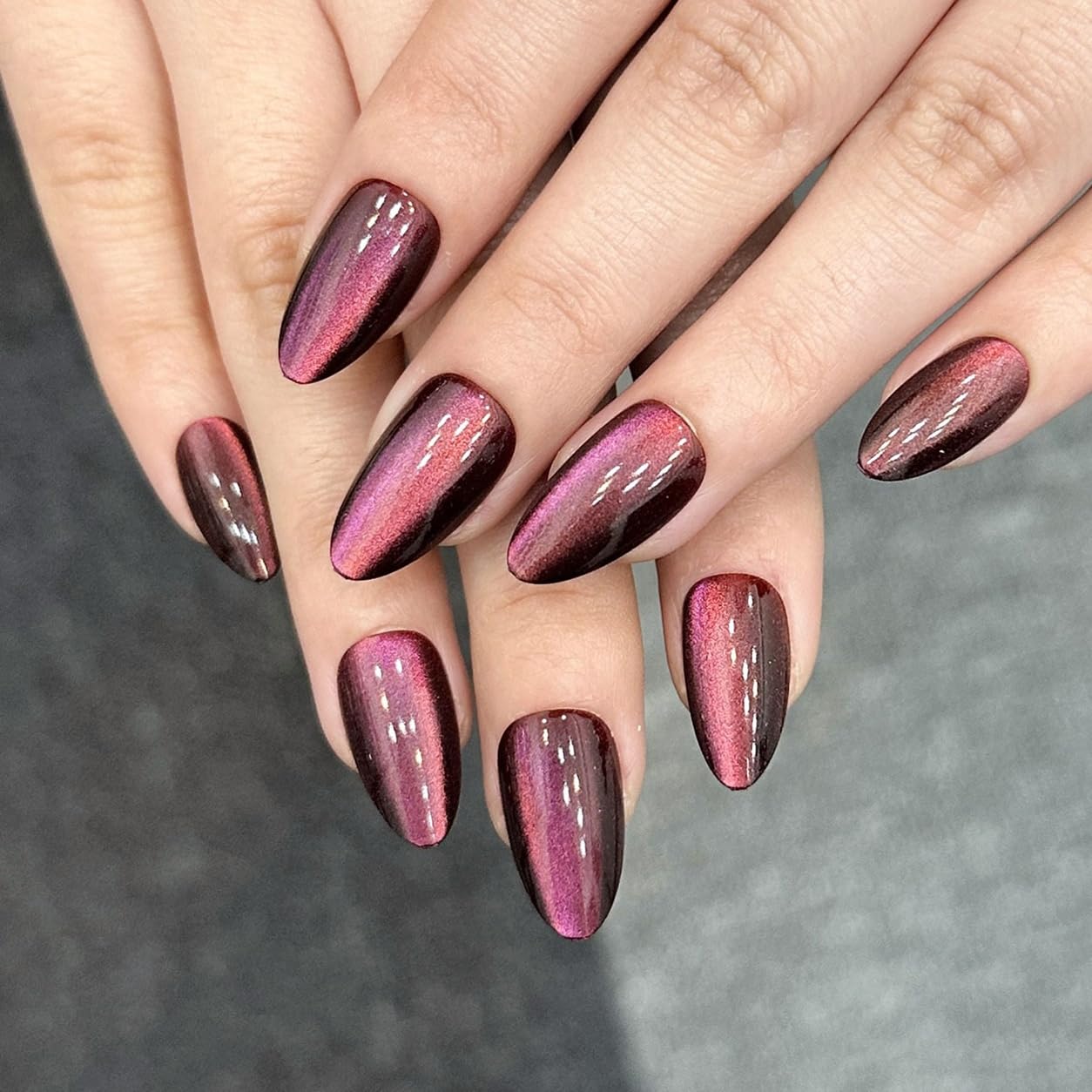 S.A.V.I Cat Eye Press on Nails Wine Burgundy Medium Round 24 Pcs