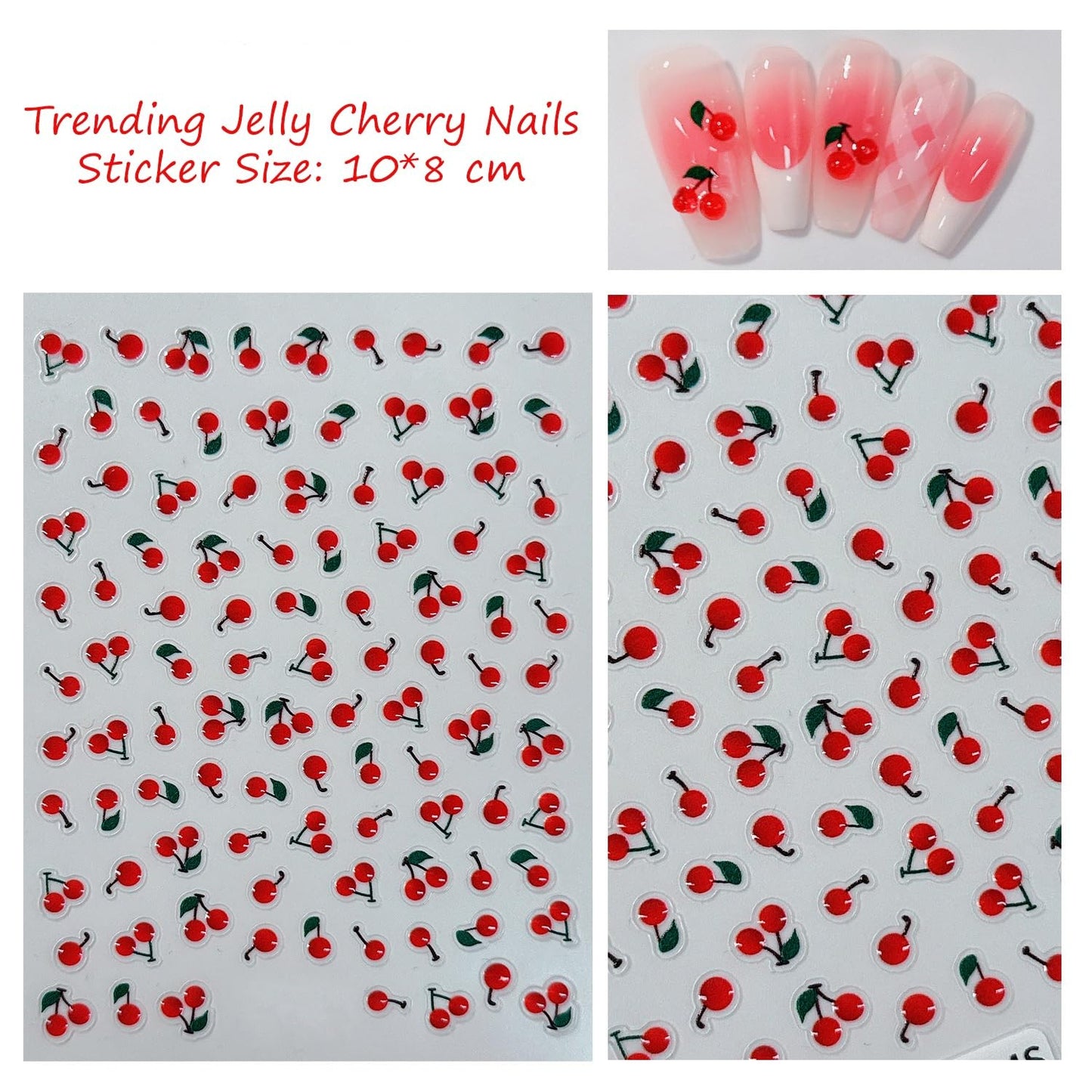 S.A.V.I 1 Sheet - 3D Jelly Cherry Nail Stickers 10x8 cm | Bright Red Cute Fruit Design | Self Adhesive DIY Nail Art Decals | Glossy Resin Manicure Accessories for Women & Girls