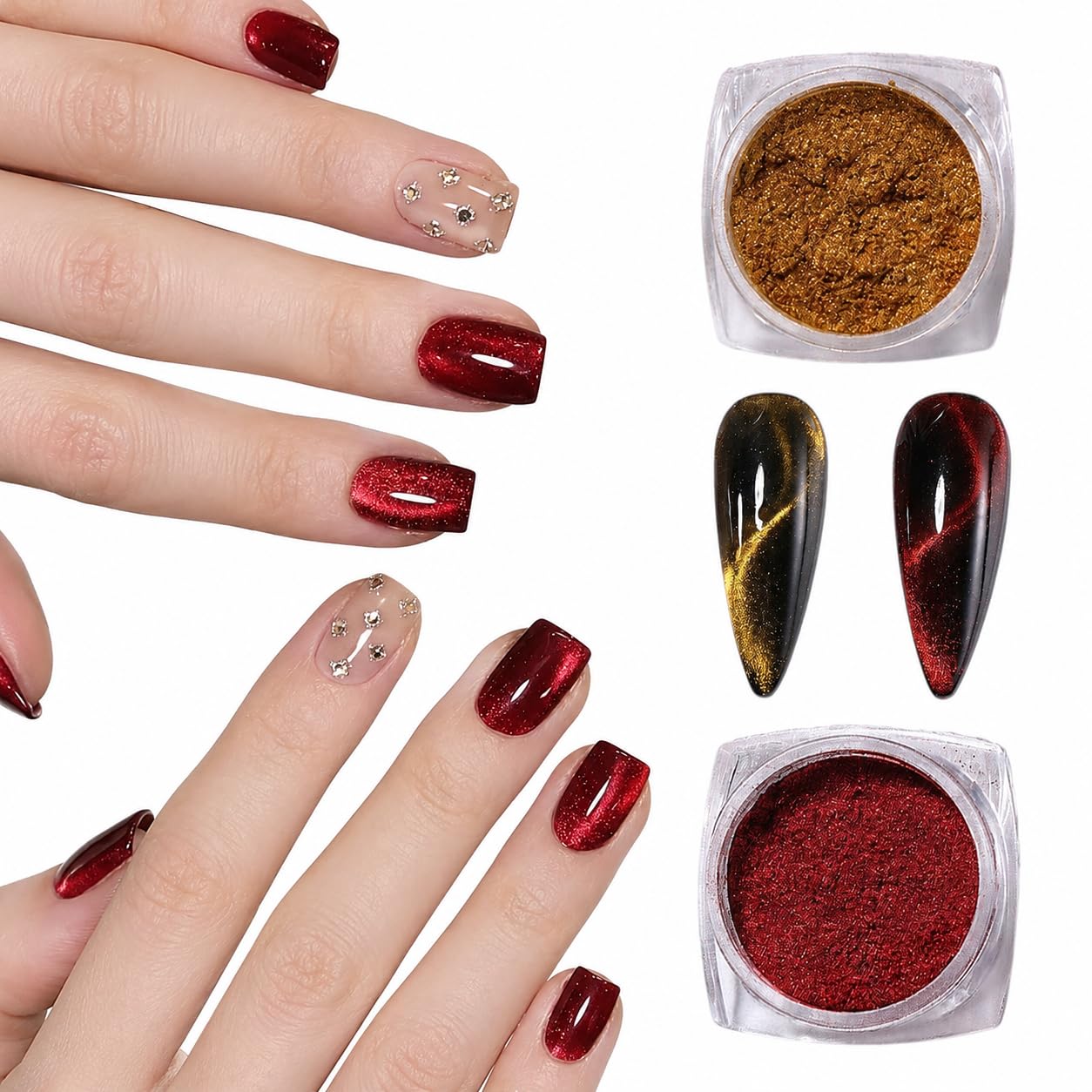 S.A.V.I Cat Eye Nail Powder Magnetic Glitter Set Gold & Red 5g | 2 Jars, DIY Gel Polish Pigment, 3D Effect, Salon & Home Use, 3x3x1cm Pots