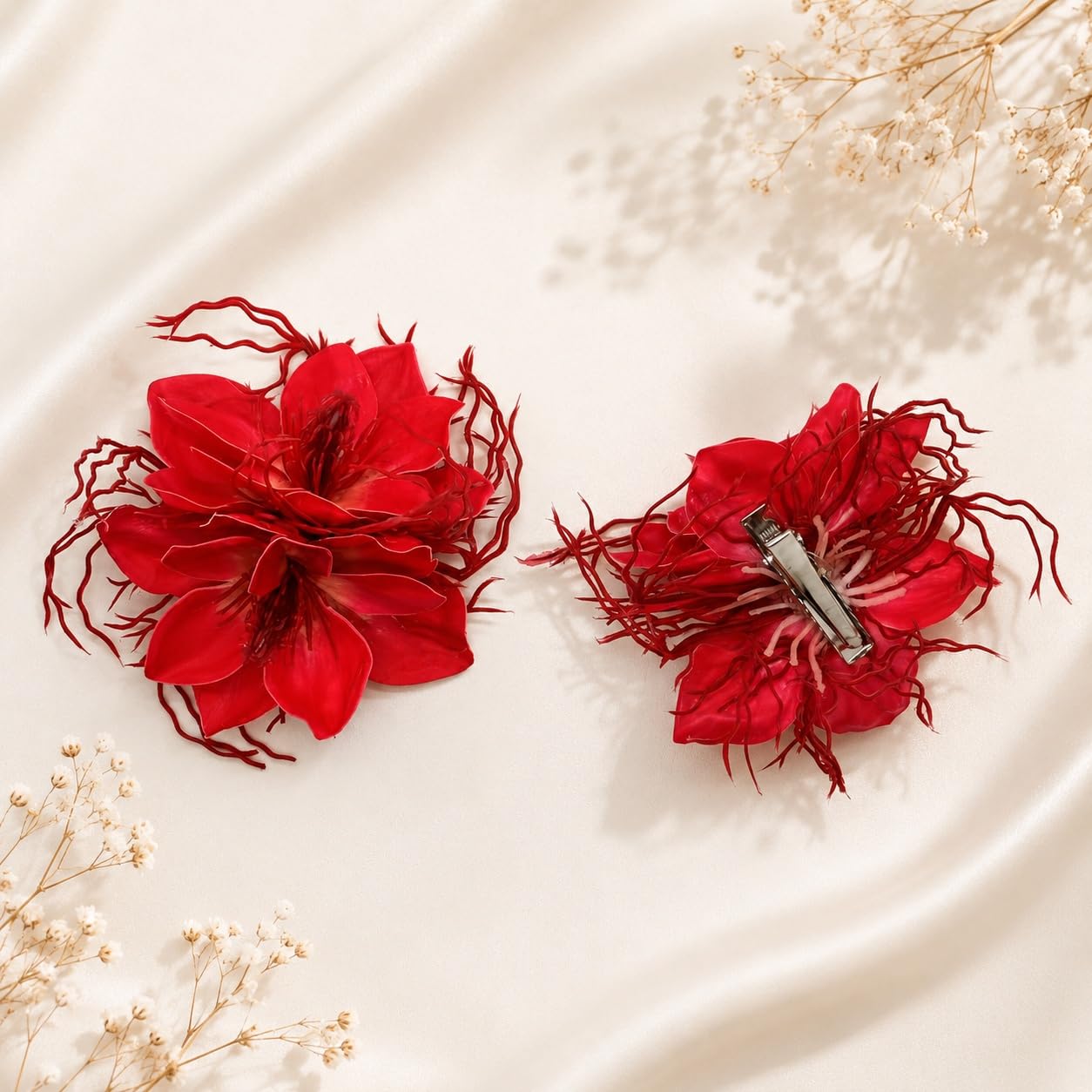 S.A.V.I Red Floral Hair Clip Barrette for Women & Girls | 10 x 7 cm Size, Fabric & Plastic Bloom, Bridal & Party Styling, Beach & Festive, Wedding Accessory