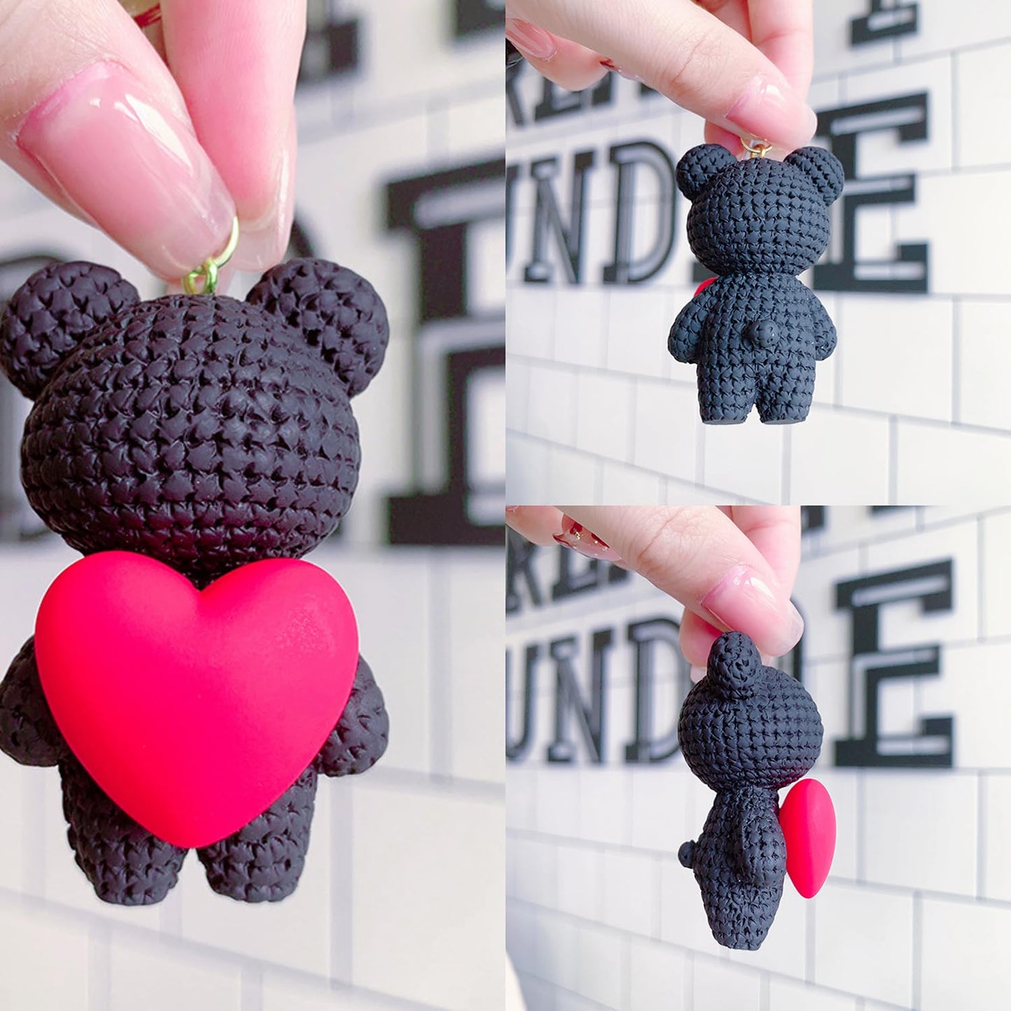 S.A.V.I Cute Black Bear Keychain with Heart Charm | Resin Mini Teddy Pendant 6cm | Braided PU Leather Wrist Strap | Lightweight Gold Key Ring for Girls, Women (Black)