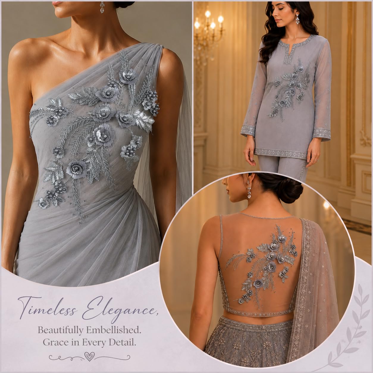S.A.V.I Floral Embroidery Patch with Pearls Grey Silver 34x25cm|Sew-On Applique, DIY Craft & Bridal, Premium Mesh Design, 1 Piece, For Saree Gown Kurti