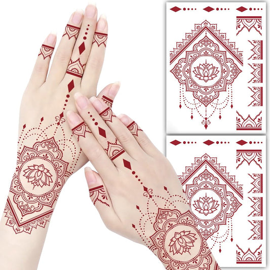 S.A.V.I 2 Sheets - Red Mehndi Style Temporary Tattoo Stickers for Women & Girls (16x12cm) | Floral Net Design | Waterproof, Safe, Non-Toxic Body Art for Hands – Easy to Apply & Remove (#64)