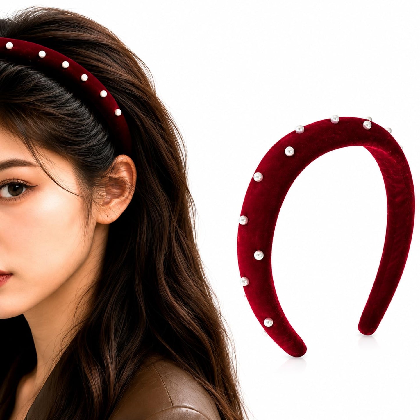 S.A.V.I Velvet Pearl Hairband for Women Wine Red, 16x14 cm, Soft Fabric Finish, Lightweight Wide Headband for Girls, Casual, Party & Wedding, Comfortable All-Day Fit