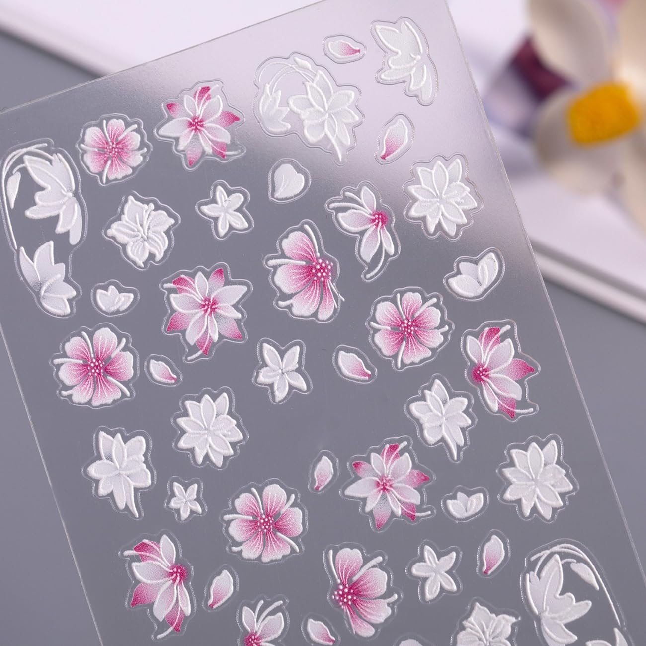 S.A.V.I 4 Sheets - 3D Floral Nail Art Stickers | White & Pink Self-Adhesive PVC Decals with Transparent Base | DIY Nail Decoration for Gel, Acrylic & Natural