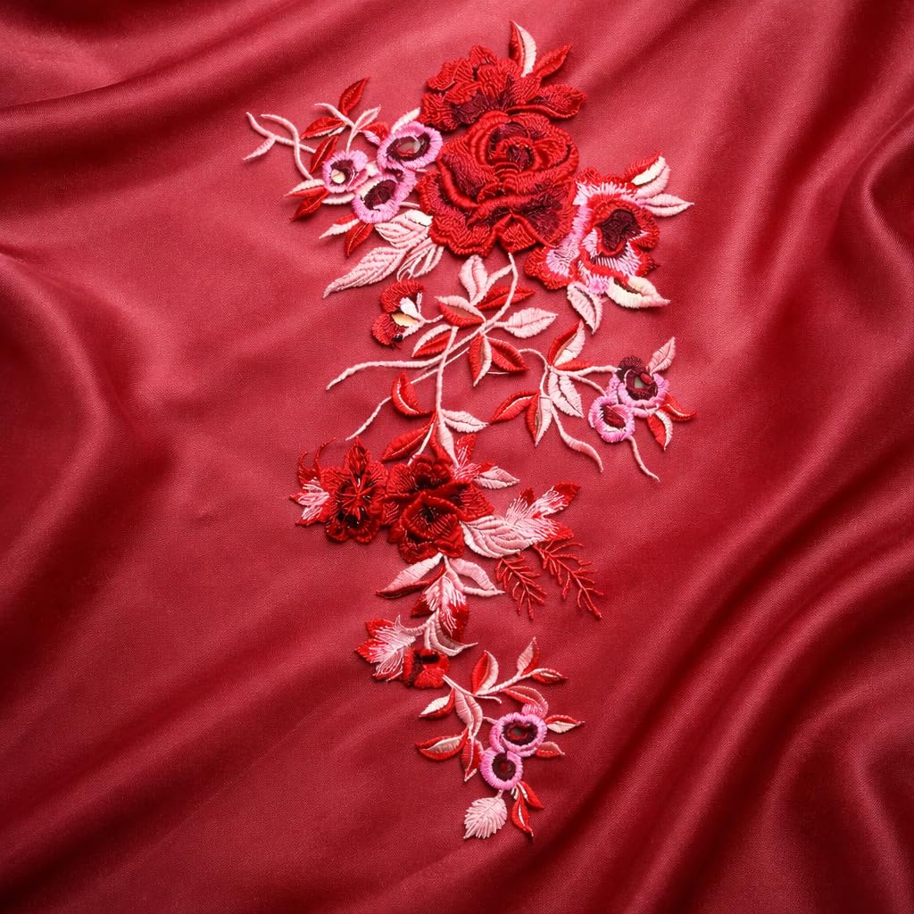 S.A.V.I Red & Pink Floral Embroidered Lace Applique Patch (21x50 cm), Net Fabric Vertical Vine Design, Sew-On for Dress, Gown, Blouse & Lehenga Decoration (Red)
