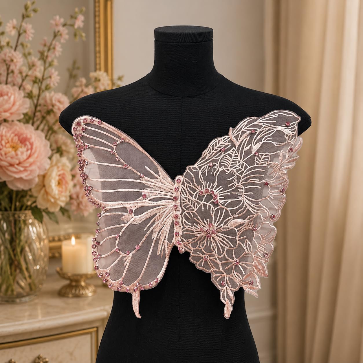 S.A.V.I Butterfly Floral Embroidery Sew-On Rhinestones Pink Patch 35x32cm|Ultra Thin Floral Lace Design for Kaftan, Dress, Blouse & Tops, Lightweight Decorative Craft Embellishment for Women