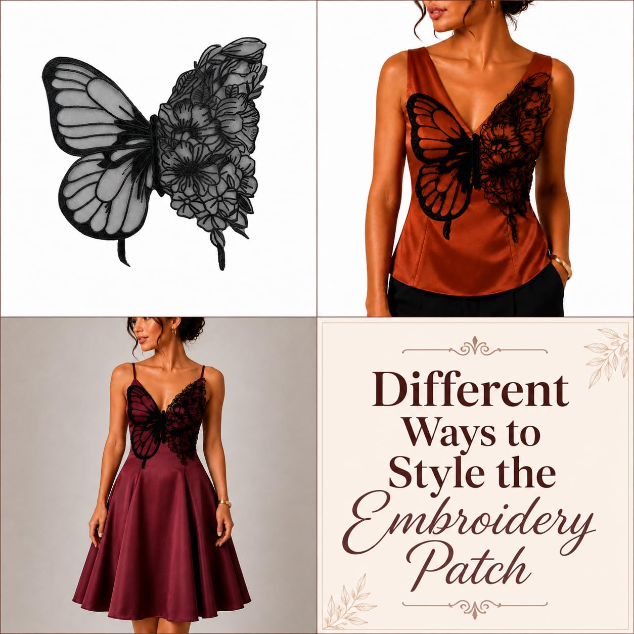 S.A.V.I Butterfly Floral Embroidery Sew-On Patch Black Mesh 35x32cm|Floral Lace Motif for Dresses, Blouses & Gowns, Premium Fabric, DIY Clothing Repair & Customization, Women Craft Accessory