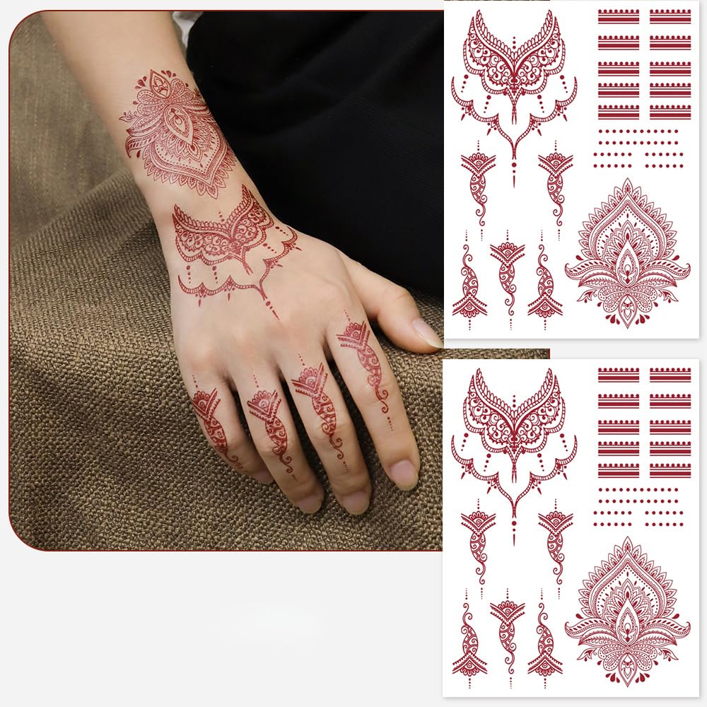 S.A.V.I 2 Sheets - Temporary Mehndi Tattoo Stickers for Hands (16x12 cm) | Red Henna Style | Waterproof, Non-Toxic | Mandala & Floral Design for Women & Girls | Festival & Bridal Use (#46)