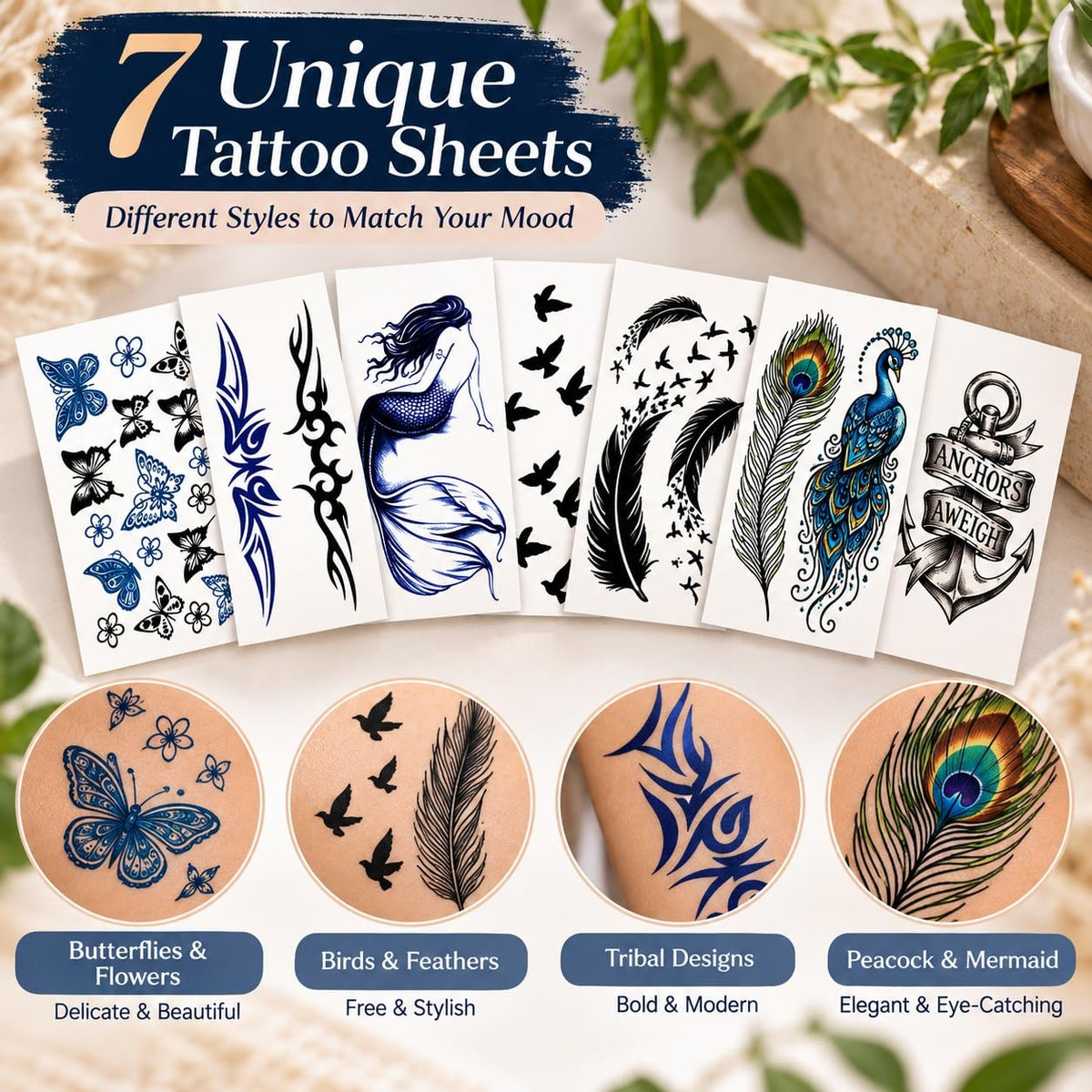 S.A.V.I Temporary Tattoo Stickers for Women & Girls, 7 Sheets