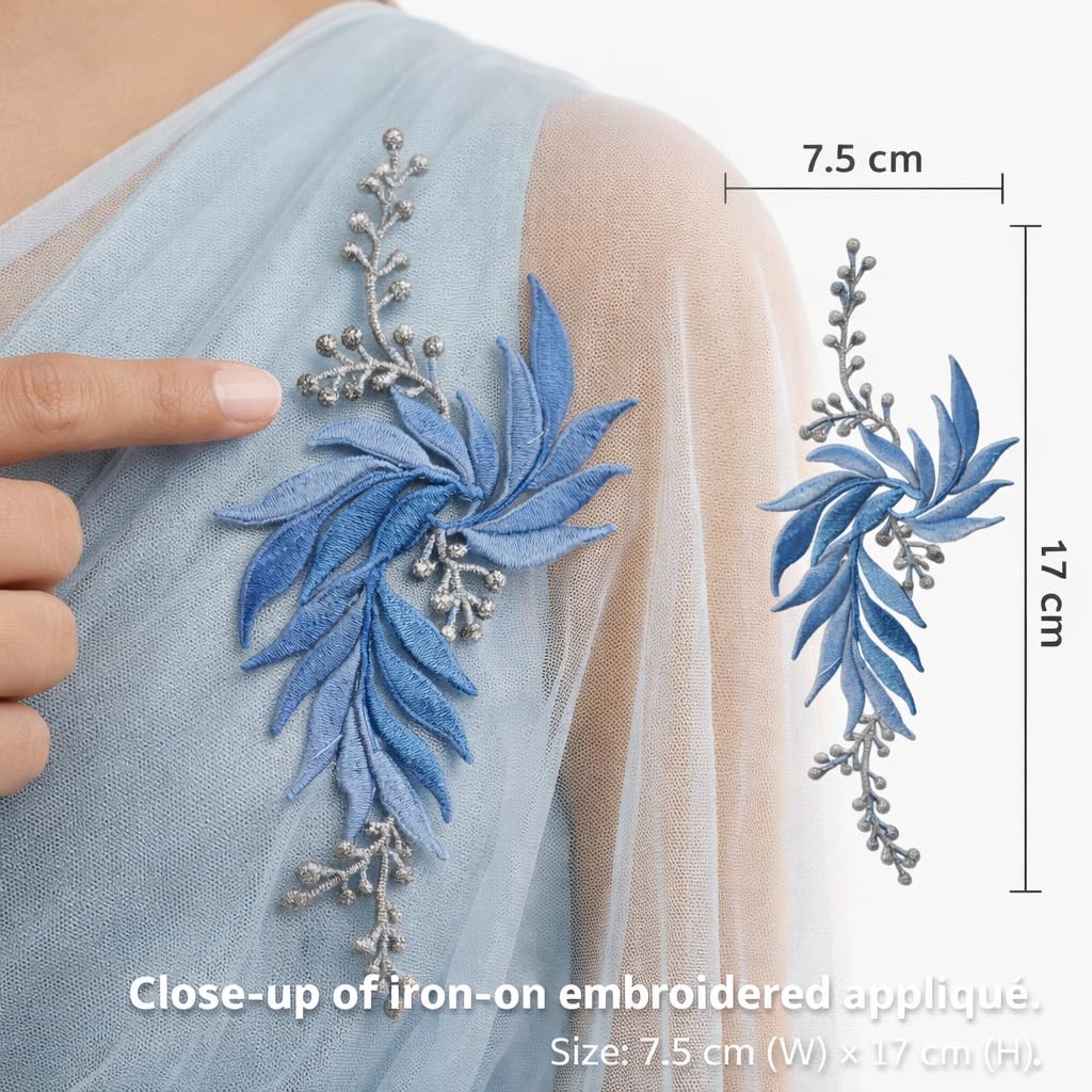 S.A.V.I Blue & Silver Floral Iron-On Embroidered Appliqué Patch 7.5 x 17 cm | Leaf Motif Threadwork Design for Dresses, Sarees, Blouses, DIY Fabric Craft (Left, Blue, 7.5 x 17 cm)