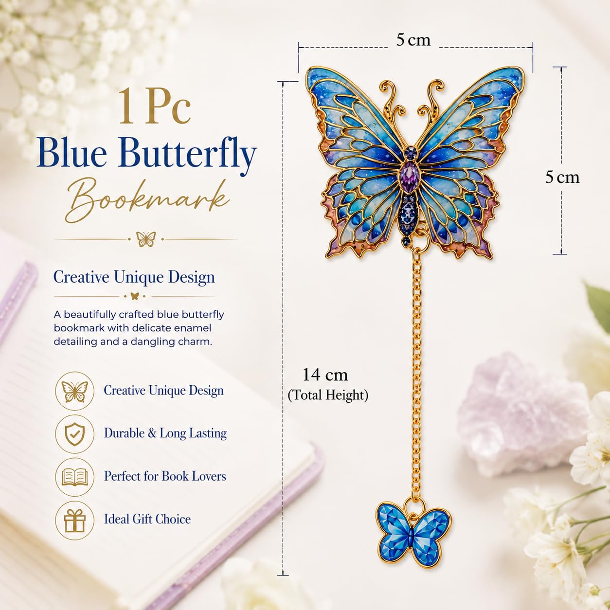 S.A.V.I Blue Butterfly Metal Bookmark with Dangling Charm | Enamel Detailing, Gold-Tone Finish, 14 cm Total Height, For Journals & Planners, Page Marker