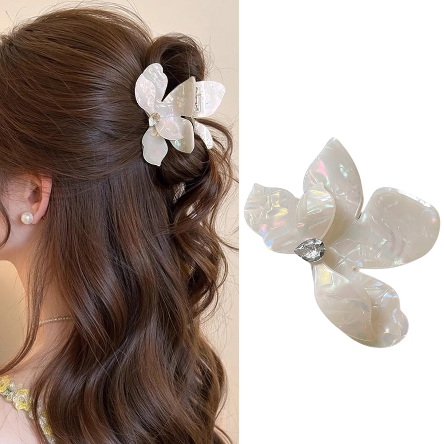 S.A.V.I Mermaid White Butterfly Hair Claw Clip 5.5 cm with Rhinestone Accent, Iridescent Acrylic Floral Design, Strong Grip Hair Accessory for Women & Girls, Half-Up Hairstyle