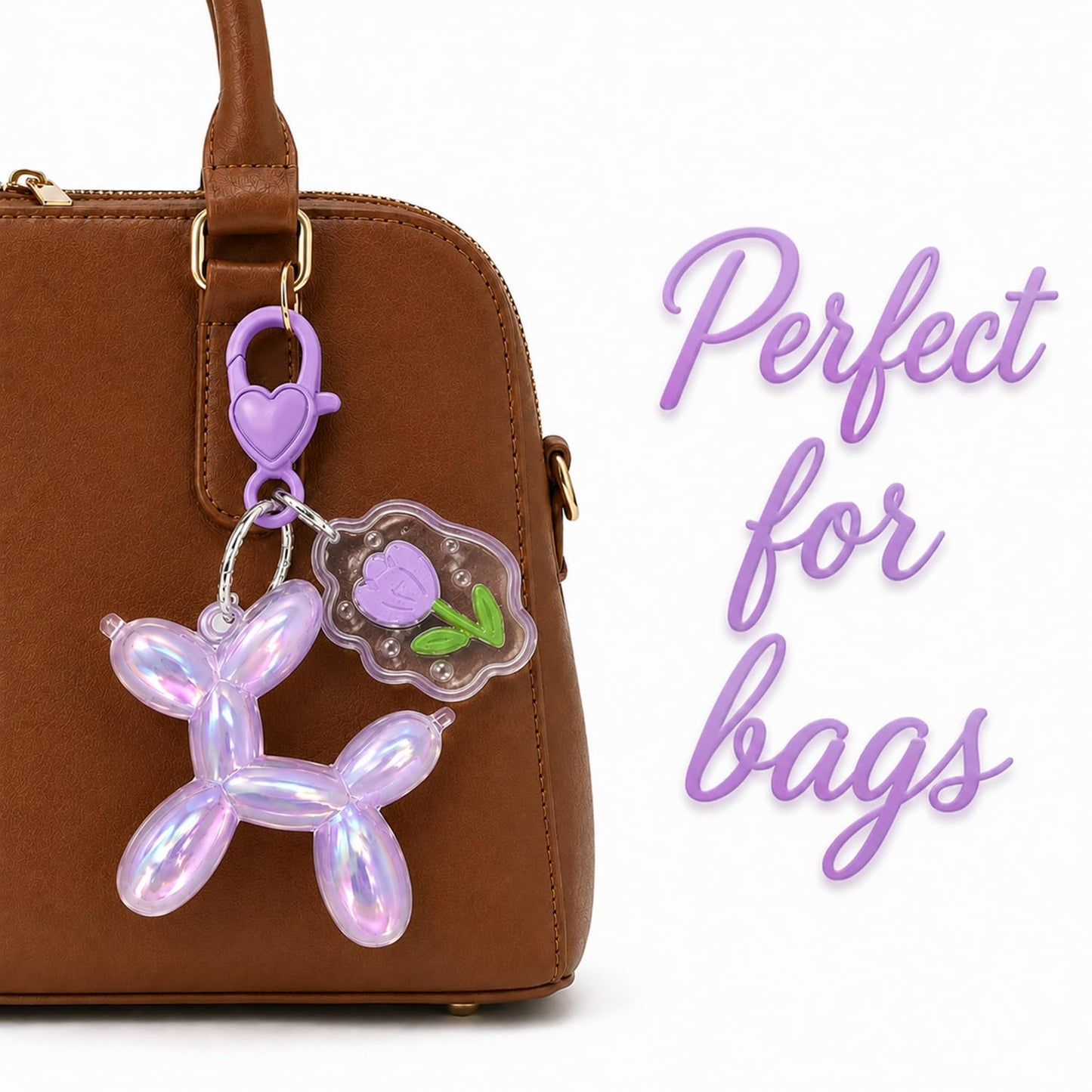 S.A.V.I Balloon Dog Keychain Resin Bag Charm Purple Pendant, Aurora Finish, 5.2 x 4.7 cm, Lightweight Accessory for Bags & Keys, Heart Clasp with Floral Charm, Gift for Girls & Women