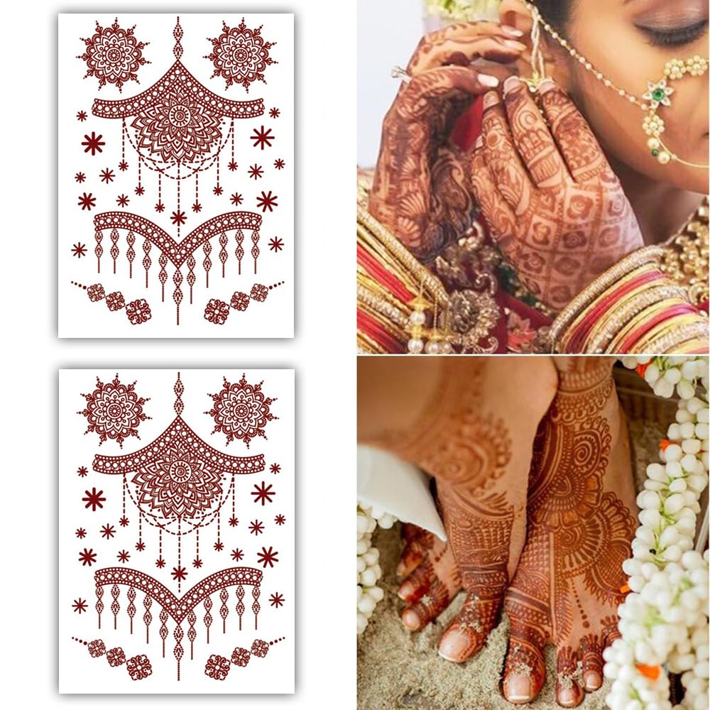 S.A.V.I 2 Sheets, Mehendi Tattoo Stickers - Natural Heena Color, Waterproof, 21x15cm for Women's Hands  Body