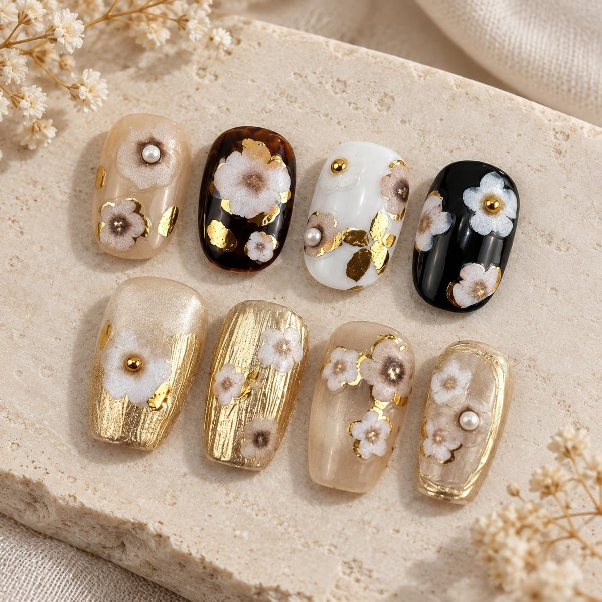 S.A.V.I 3D Floral Nail Art Stickers Self Adhesive Decals, 2 Sheets | White & Coffee Blossoms, Metallic Gold Detailing, Pearl Accents, DIY Manicure, 7 x 9 cm