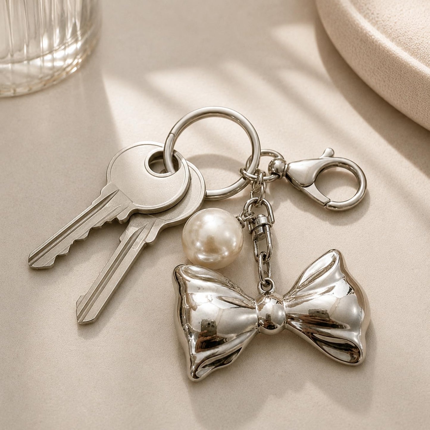 S.A.V.I Pearl Bow Keychain for Women, Silver Alloy Bag Charm Key Ring, Elegant handbag accessory with lobster clasp, lightweight decorative pendant for purses, backpacks, car keys & gifting