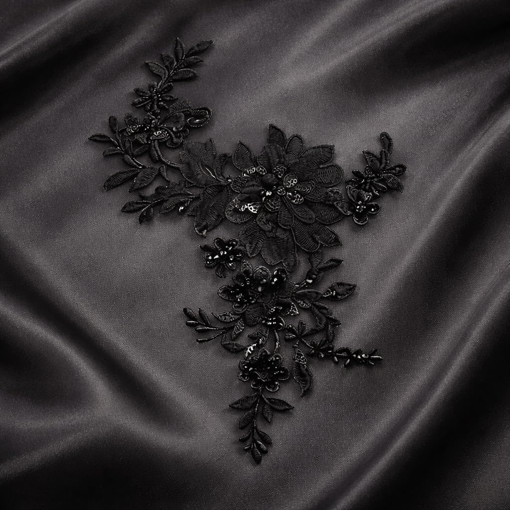 S.A.V.I Black Floral Embroidered Appliqué Patch 25x29 cm | Net Fabric 3D Flower Sequins Motif | Sew-On Design for Saree, Blouse, Gown & Kurtis (Black)