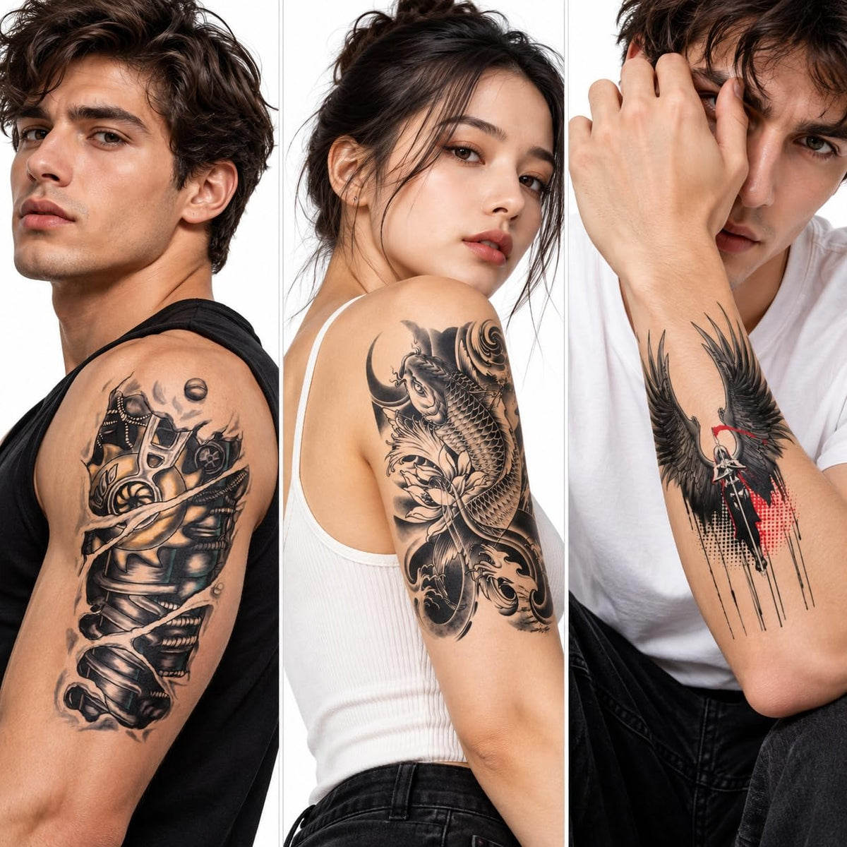 S.A.V.I Temporary Tattoo Stickers, Black Koi Fish, Samurai & Angel Wings