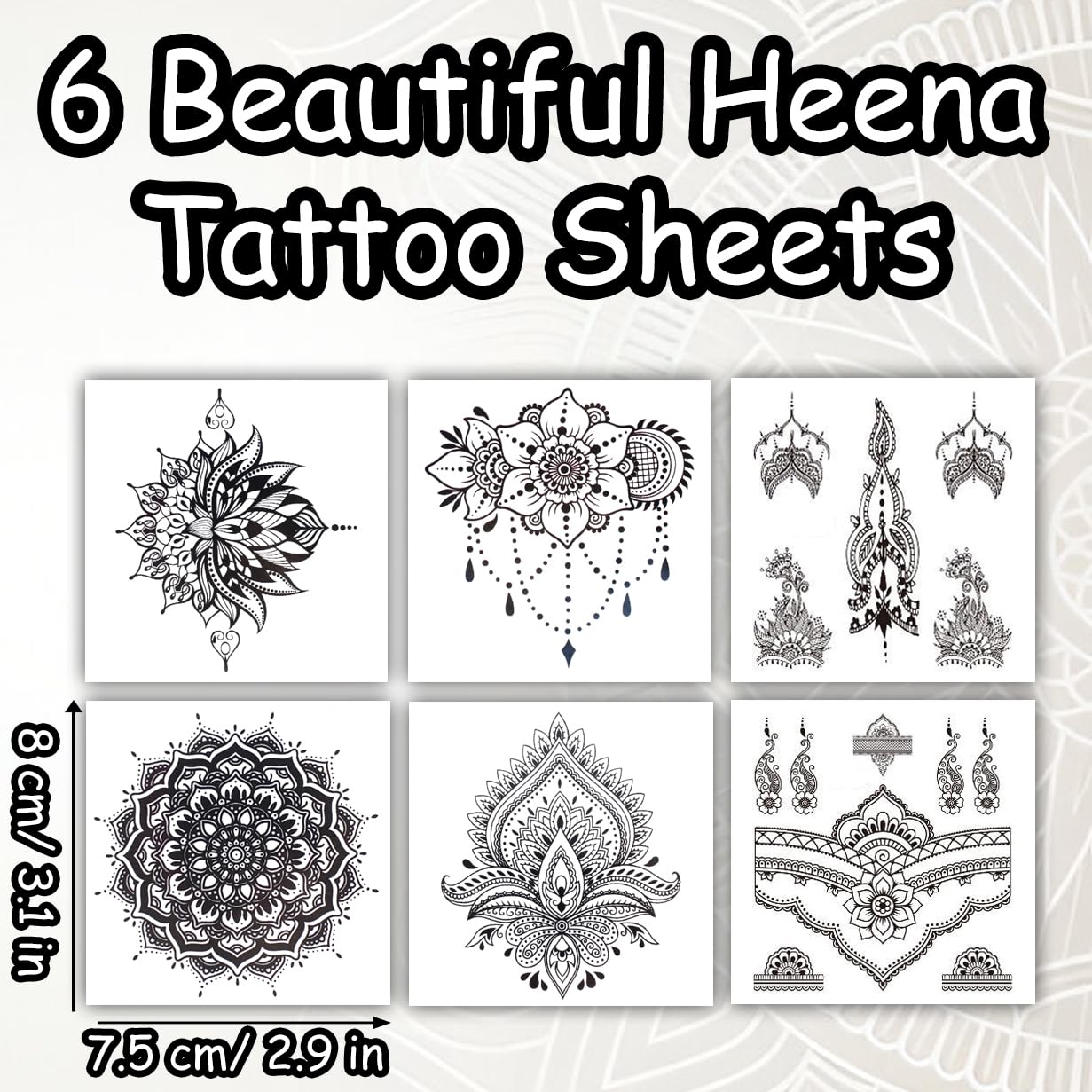 S.A.V.I 6 Sheet Black Heena Style Temporary Tattoo for Women & Girls | Waterproof Mehndi Body Art Stickers | Safe Non-Toxic | Indian Intricate Designs for Hands, Arms, Fingers (8x7.5 cm) (3)