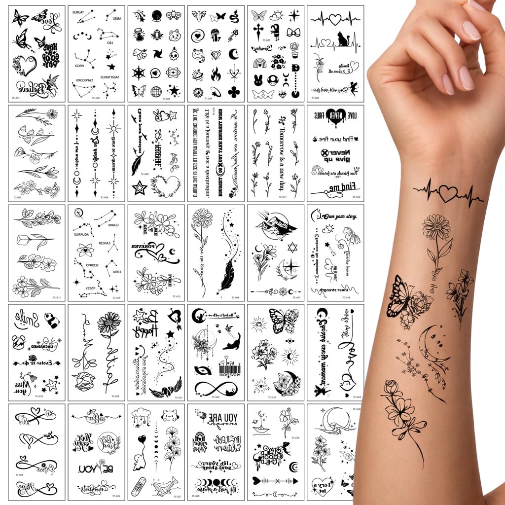 S.A.V.I 30 Sheets Black Floral & Butterfly Temporary Tattoos for Women & Girls (5.7x9.7 cm) – Small Heart, Moon & Flower Designs – Waterproof Safe Non-Toxic Body Art for Hand Arm Shoulder (#318)