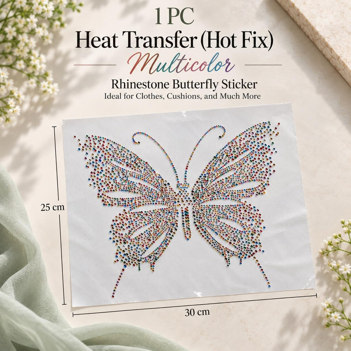 S.A.V.I Rhinestone Butterfly Iron-On Heat Transfer Sticker 30x25cm