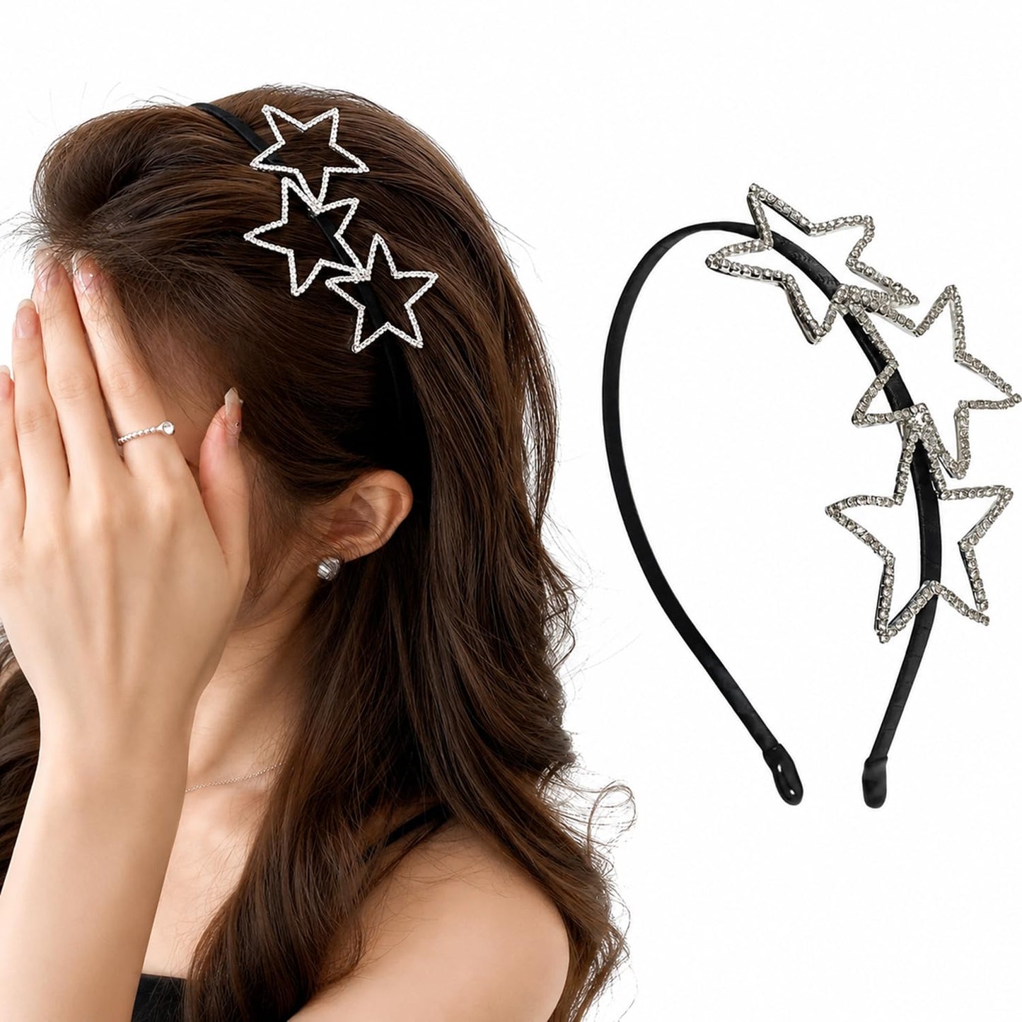 S.A.V.I Rhinestone Star Headband for Women & Girls, Black, Hollow-Out Crystal Design, Fabric Wrapped Band, 14 x 13 cm, Comfortable Fit for Party, Casual & Formal Wear