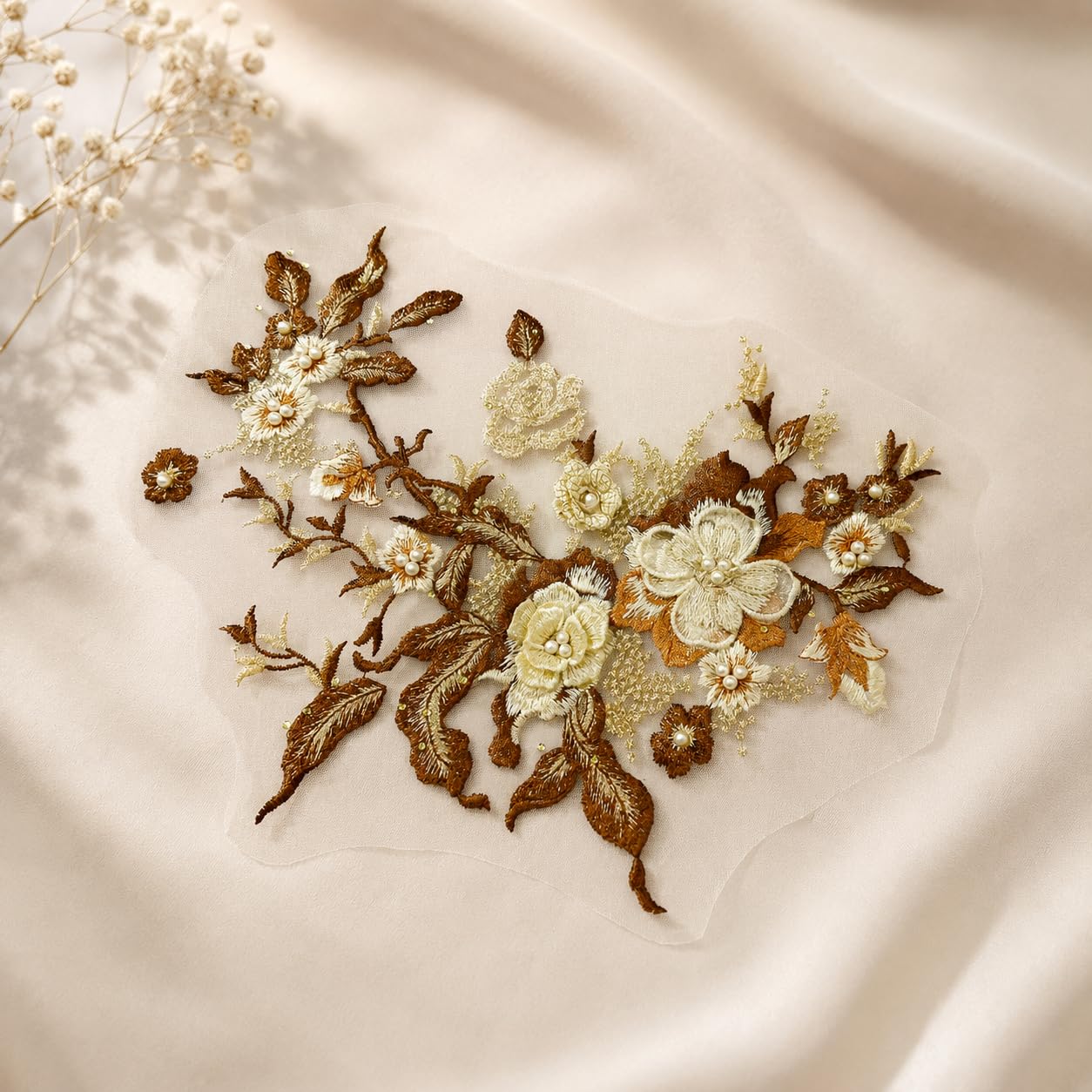S.A.V.I Floral Embroidery Patch Sew-On Applique for Dresses|Brown Beige Gold, 36 x 25 cm DIY Lace Motif for Kurtas, Blouses, Sarees, Gowns, Costumes & Craft Customization
