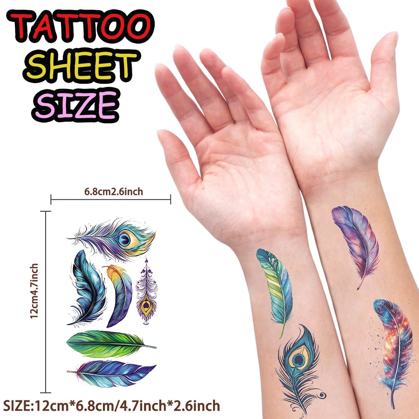 S.A.V.I 10 Sheets Colourful Feather Temporary Tattoos for Kids & Adults | Waterproof, Safe & Non-Toxic Body Stickers | 12x6.8cm | Easy to Apply & Remove | Party, Gift & Return Favours