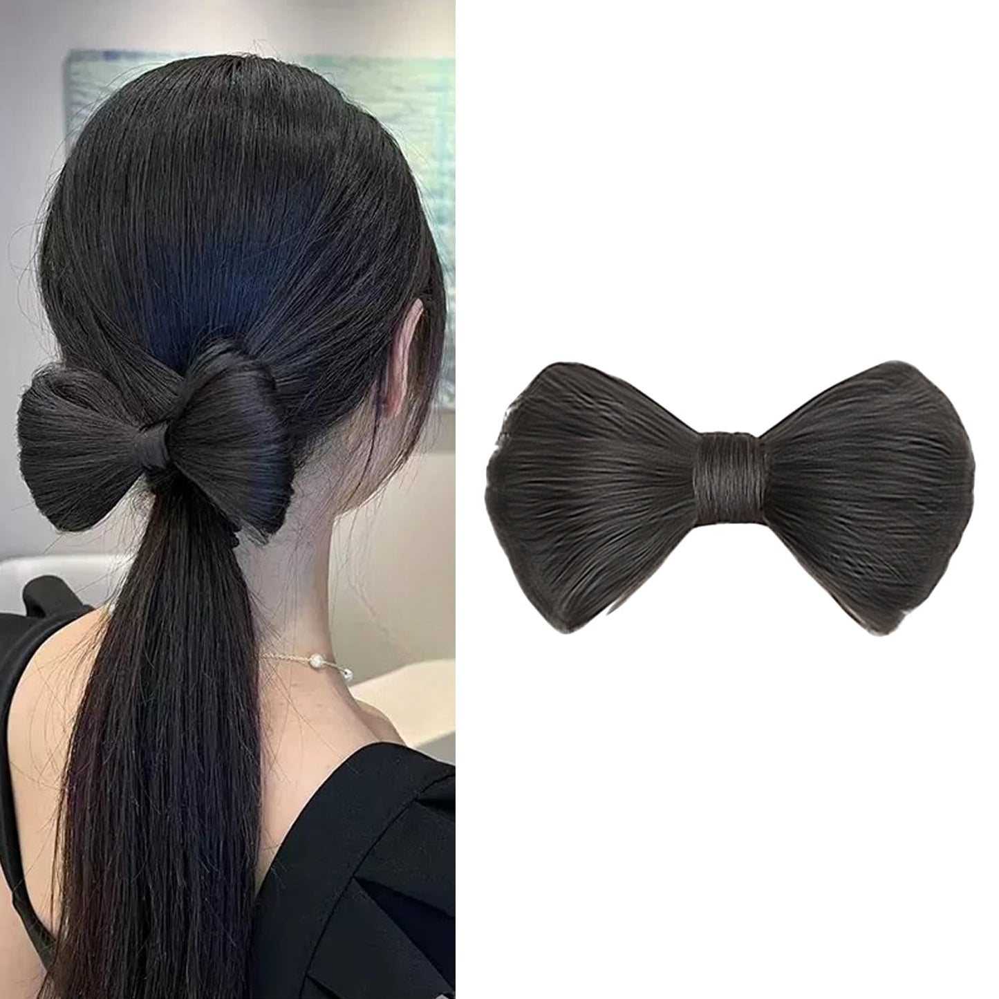 S.A.V.I Natural Black Bow Hair Extension Clip for Women & Girls | Korean Style Synthetic Hair Bow Barrette with Metal Clasp | Elegant Bun & Ponytail Accessory for Party, Wedding & Daily