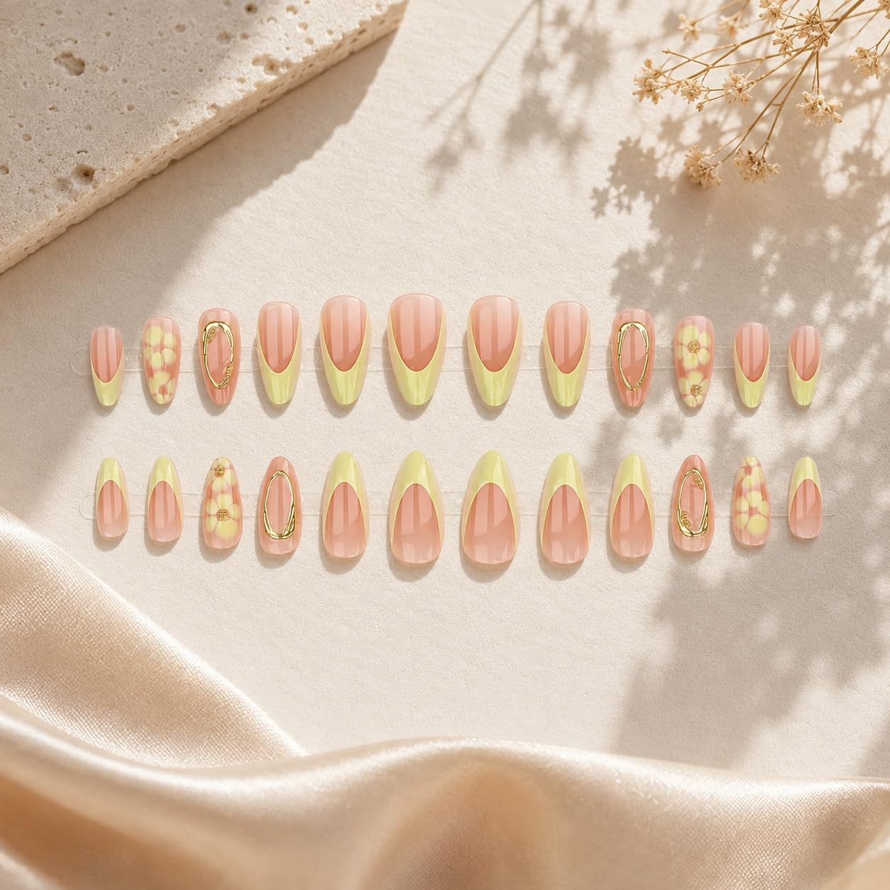 S.A.V.I Floral Almond Press on Nails Yellow Nude Glossy 24 Pcs