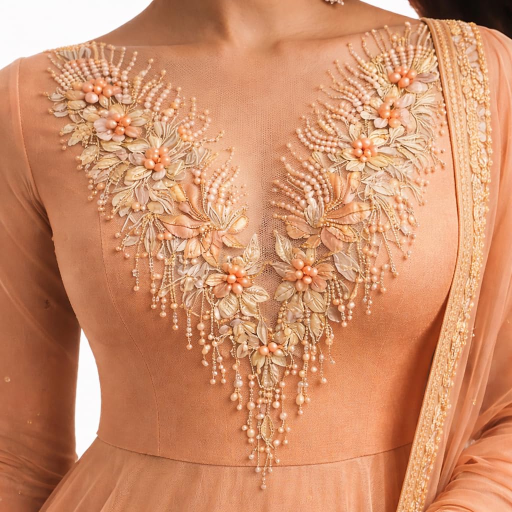 S.A.V.I Peach Apricot Floral Embroidered Applique Patch 28x55 cm, 3D Hand Beaded Pearl Sequin Net Lace V-Neck Front Yoke, Lehenga Gown Bridal Evening (Peach Apricot)