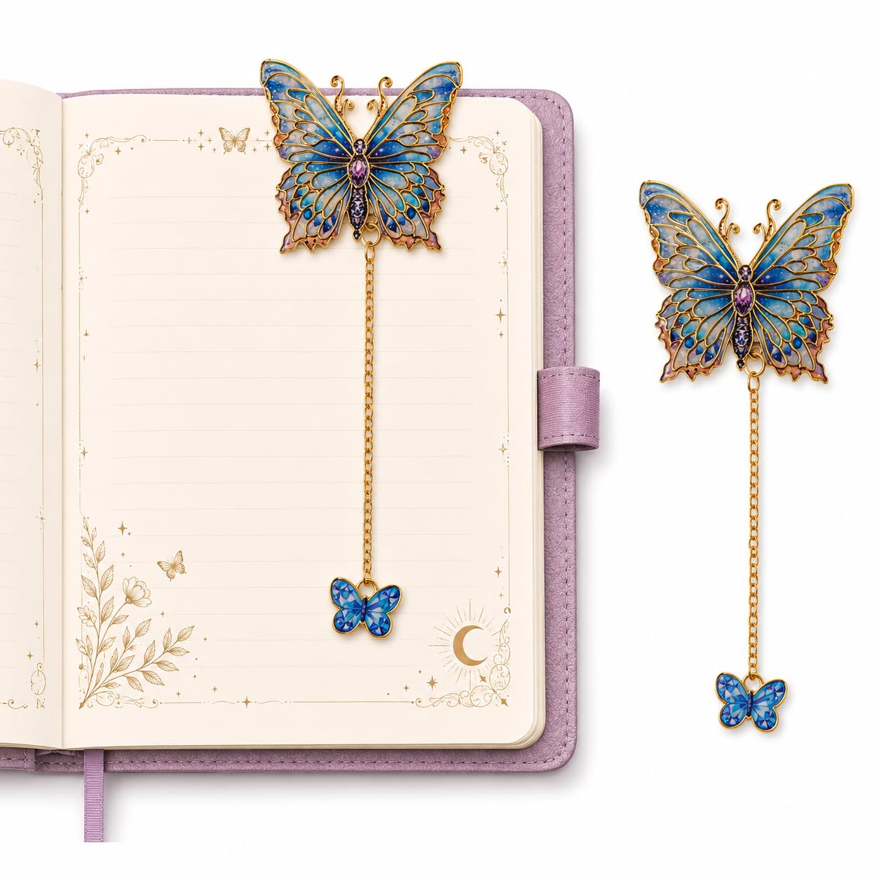 S.A.V.I Blue Butterfly Metal Bookmark with Dangling Charm | Enamel Detailing, Gold-Tone Finish, 14 cm Total Height, For Journals & Planners, Page Marker