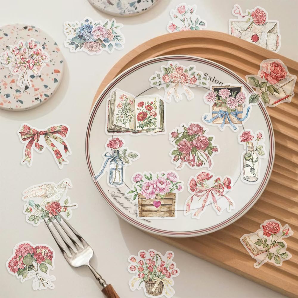 S.A.V.I 50 PCS Vintage Floral Stickers Set for Journaling & Crafts