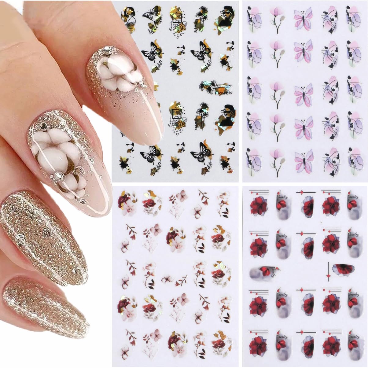 S.A.V.I Nail Art Decals - 4 Sheets Self-Adhesive | DIY Manicure Stickers | Lasting  Trendy