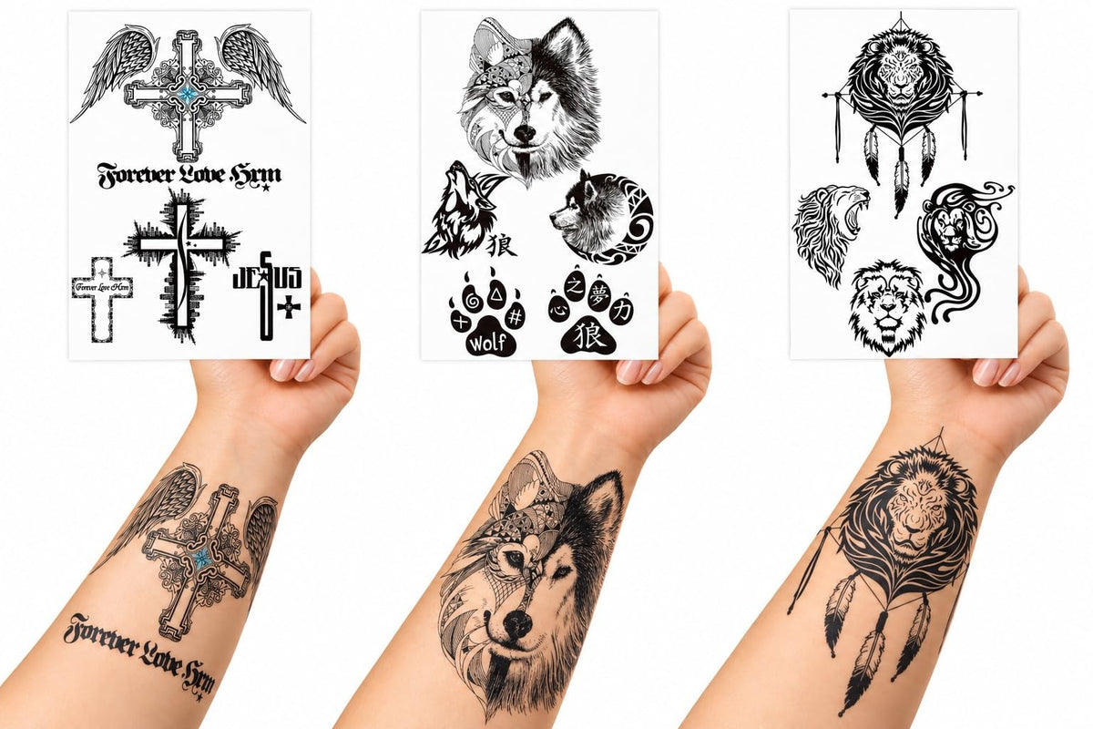 S.A.V.I Temporary Tattoo Stickers Lion Wolf Cross, 3 Sheets